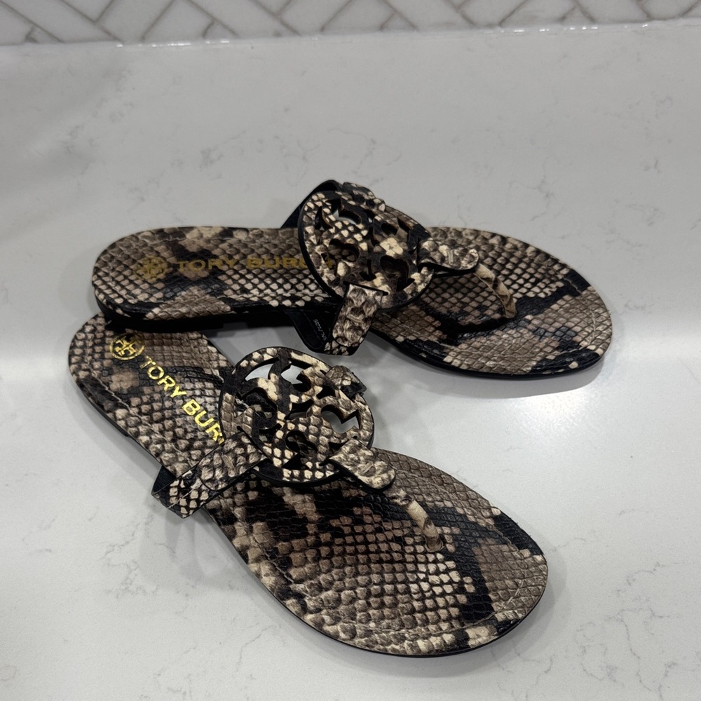 Tory Burch Black and Tan Snake Print Sandals